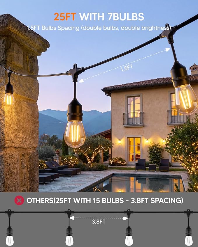 25FT S14 Outdoor String Lights, 15+2 Shatterproof Bulbs 2W, 1.5FT Spacing IP65 Waterproof| Dimmable with Remote, Heavy-Duty, Include Screw & Zip Ties for Patio Backyard Holiday Outside