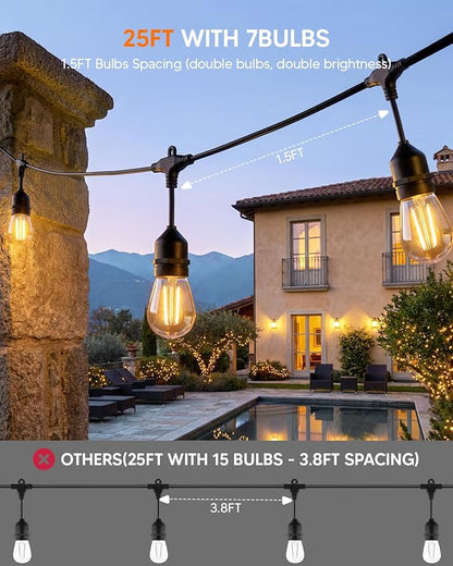 25FT S14 Outdoor String Lights, 15+2 Shatterproof Bulbs 2W, 1.5FT Spacing IP65 Waterproof| Dimmable with Remote, Heavy-Duty, Include Screw & Zip Ties for Patio Backyard Holiday Outside