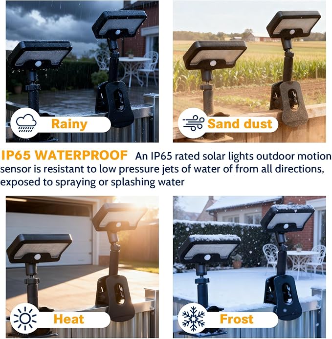 Pacify Clip On Solar Lights Outdoor with Motion Sensor, 92 LED 600LM Adjustable Solar Clip Lights, IP65 Waterproof Clamp Solar Lights for Fence Deck Gutter Camping Security(2 Pack Warm White 3000K)