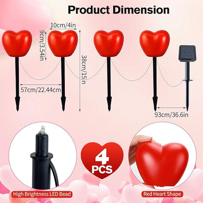 Valentine's Day Red Heart Solar Lights Outdoor, 4Pcs Waterproof Valentine's Day Solar Garden Lights LED Heart Lights Mother's Day Decorations for Yard Walkway