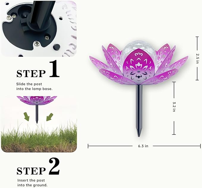 2 Pack Solar Lights Outdoor Garden 6.3 " Glass Lotus Lamp Waterproof LED Metal Flower Lights Outdoor Garden Table Decor for Outside Balcony, Patio, Deck, Porch, Walkway