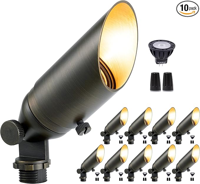 Gardenreet 12V Spotlight Low Voltage - MR11 Low Lumen LED Outdoor Light Fixture, Hardwired Brass Landscape Lights Weather Proof, Bronze for Sign Pillar with Warm White Removable Bulbs (10 Pack)