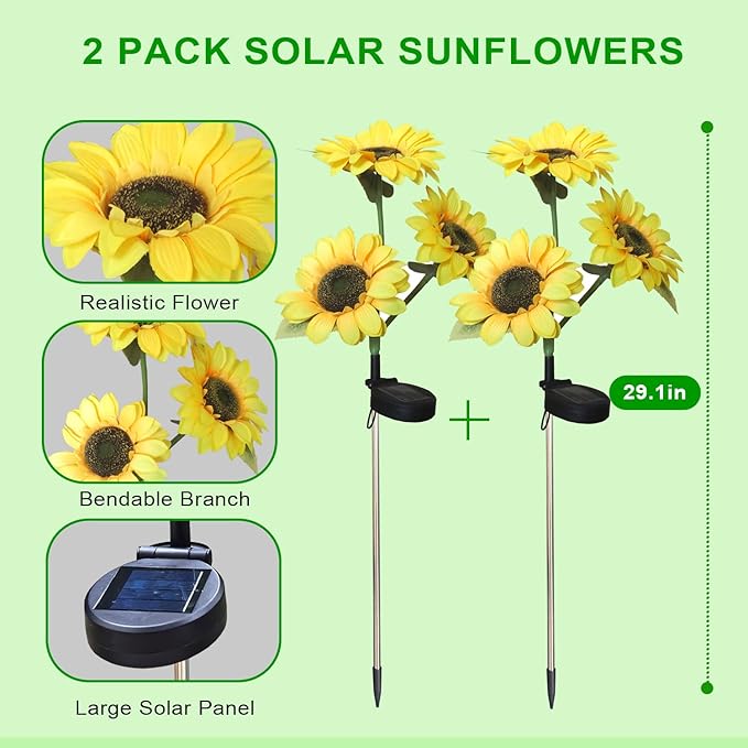 DUODEAN Solar Sunflower Light, 2-Pack Waterproof Outdoor Lights with Large Sunflowers, Solar-Powered Garden Stake Lights for Pathway, Patio, Law, Yard, and Cemetery Decoration