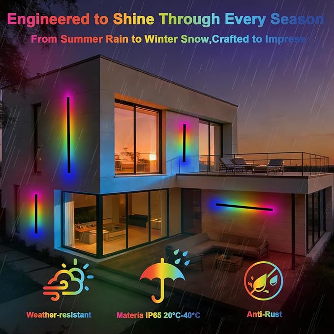 RGB Outdoor Wall Lights, Ip65 Waterproof Linear Led Modern Wall Sconce, 7 Colors and 358 Light Effects, Dimmable | Lumora