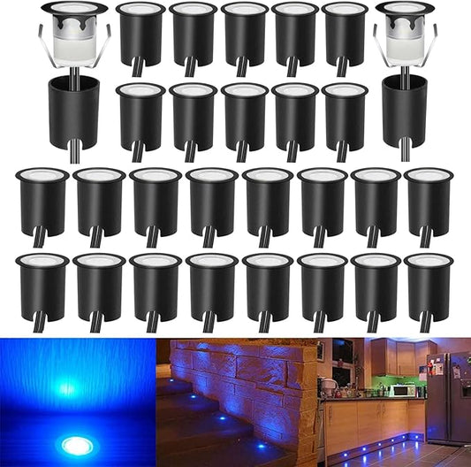 LED Recessed Deck Light Kits with Protecting Shell,Outdoor Landscape Lighting IP67 Waterproof,DC 12V Low Voltage Blue for Garden,Yard,Stair,Patio,Kitchen Decoration In Ground(30pack,black border)