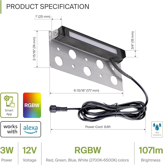 ASD LED 7 Inch Retaining Wall Light Fixture, Hardscape Paver Lighting | RGBW, App & Voice Control, Waterproof, ETL Listed | 3W 110LM RGB-2700K-6500K 12V | Landscape Step Illumination | Black, 8 Pack