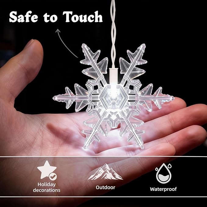 LED Christmas Lights, 70 Mini LED Icicle Lights with Snowflakes on 9.5FT - 5MM Wide Angle White Bulbs, IP68 Waterproof & ETL Certified for Outdoor/Indoor