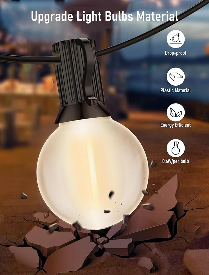 50FT LED Outdoor String Lights with 52 (2 Spare) Frosted Patio Shatterproof Bulbs,Commercial Grade Waterproof Patio Lights,Decorative for Garden Christmas Patio,Backyard, Balcony