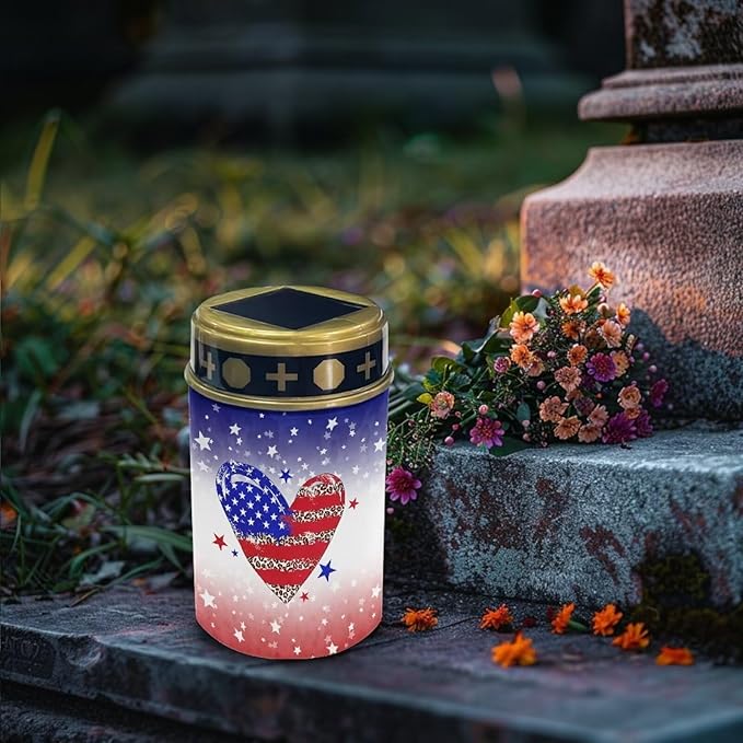 American Flag Heart Garden Solar Outdoor Lights Eternal Light Lawn Lamp Waterproof Solar for Outside Cemetery Garden Decorations Yard Lawn Pathway Figurines