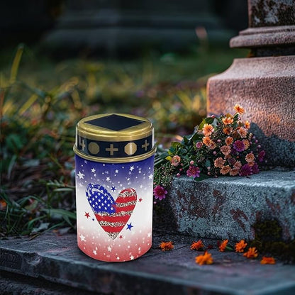 American Flag Heart Garden Solar Outdoor Lights Eternal Light Lawn Lamp Waterproof Solar for Outside Cemetery Garden Decorations Yard Lawn Pathway Figurines