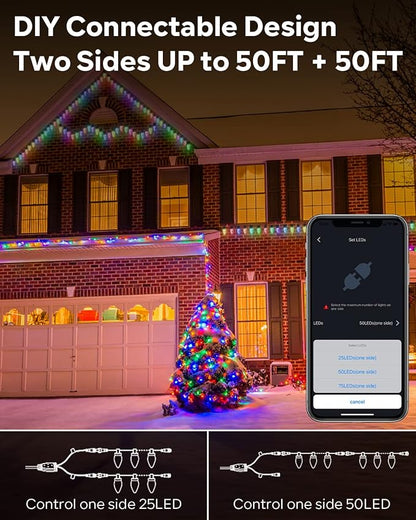 Dynamic C9 Christmas Lights Outdoor, 33Ft 50 LED Smart RGB, APP Remote Controlled, Connectable Waterproof Music Xmas Eaves Decoration