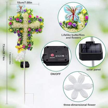 YJFWAL 1 Pack Solar Flowers Cross Garden Stake Lights, Yard Solar Lights Cemetery Decorations For Grave Outdoor Light Jesus Cross Sympathy Memorial Gift For Grandma, Garden Lawn Patio Pathway Deco