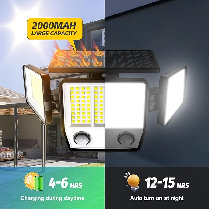 6500K Solar Outdoor Lights,3000LM 304 LED Motion Sensor Outdoor Lights, 3 Heads Security Light,IP67 Waterproof, 270°Flood Wall Light with 3 Modes for Backyard Yard,2 Pack