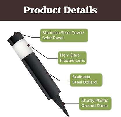 Pure Garden Solar Lights Outdoor Waterproof 6-Pack - 15â€ Stainless Steel Bollard Solar Pathway Lights - Stake Outdoor LED Lighting for Yard, Drive, Path or Landscape Lighting (Black)