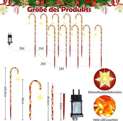 HELESIN Light Chain Candy Cane, 10 Pieces Raised Design Candy Sticks LED Outdoor, 110LED 12 Modes Candy Sticks Lighted, Waterproof Snowflake Christmas Lighting for Garden Christmas Decor