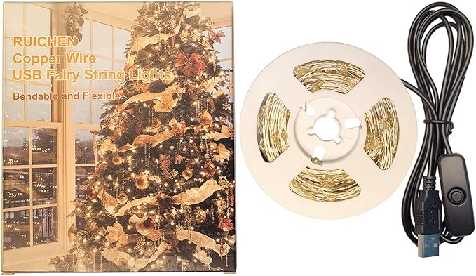 RUICHEN USB Plug in String Lights Silver Wire 66 Ft 200 LED Starry Fairy Lights with On/Off Switch, Warm White