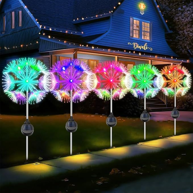 2 Pack Solar Garden Lights, LED Dandelion Light, IP44 Waterproof Solar Firework Light for Halloween Yard Garden Decorations, Waterproof LED Sparkler for Patio Pathway Walkway