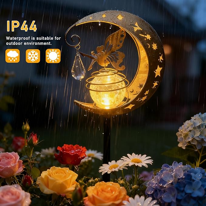 QISHENG - Outdoor/Garden Waterproof Solar Lights,Fairy Under The Moon with Crystal Ball for Patio/Lawn/Yard/Pathway, Garden Decor. (Warm Gold)