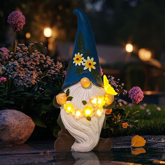 DKJOCKY Gnome Garden Decor Statue with Solar Light Lantern, Funny Waterproof Resin Figurine Outdoor Decorations for Yard Patio Lawn Balcony Porch, Birthday Gifts for Women Mom Grandma
