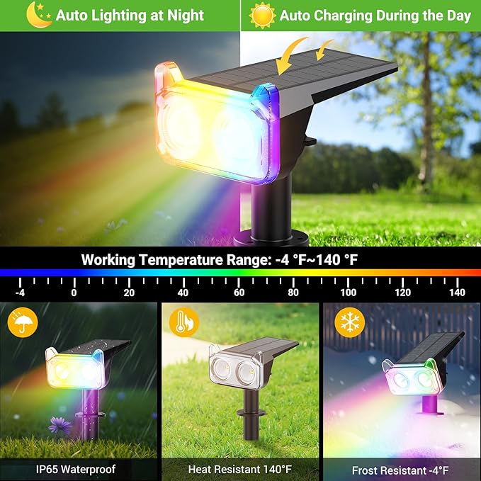 WdtPro Solar Color Changing Spot Lights, 8 Lighting Modes Solar Lights Outdoor Waterproof, Multicolor RGB Outdoor | Lumora