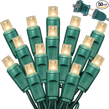 LAMPHOME 50Count String Lights, LED Christmas Lights, 6" SPACING,100% Quickly Twinkle,Green Wire,Warm White,Commercial Grade