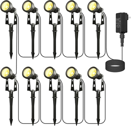 Outdoor Landscape Lighting, 10-Pack Low Voltage LED Spot Lights with Transformer, Waterproof IP65 Outdoor Landscape Lights for Garden, Yard, Backyard, Lawn, Trees, House, Flags – Warm White