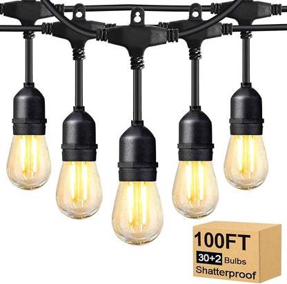 BRIMAX 2W 100FT Outdoor String Lights Commercial Grade with 32 Shatterproof S14 Dimmable LED Bulbs Patio String Lights Heavy Duty Waterproof for Bistro Cafe Market 2700K