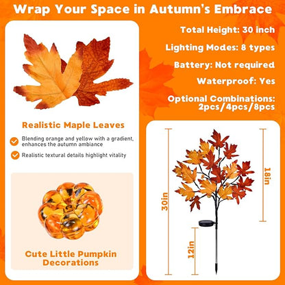 Fall Solar Pathway Lights 4PCS, Autumn Outdoor Harvest Decorations, Waterproof Maple Leaves Lights for Lawn Yard Garden Patio Walkway Driveway Landscape Lighting Auto On/Off