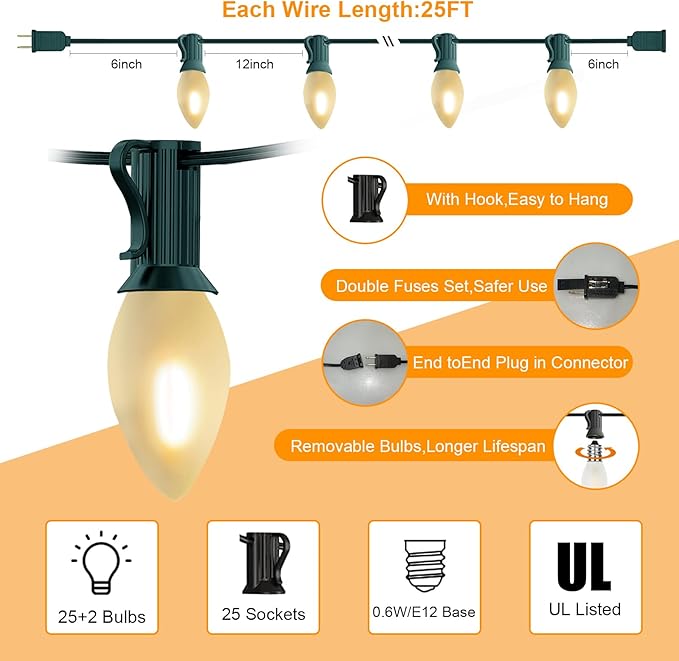 C7 LED Christmas Lights 25Ft Frosted White Outdoor String Lights with 27 Warm White LED Bulbs (2 Spare), Vintage | Lumora