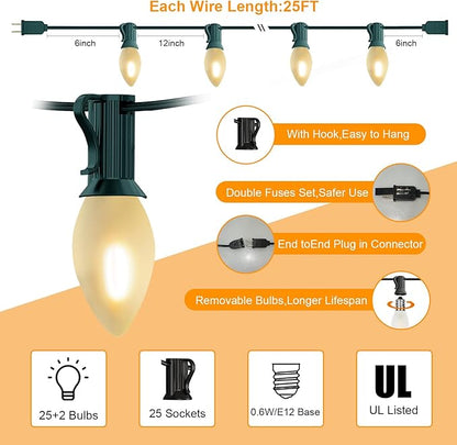 C7 LED Christmas Lights 25Ft Frosted White Outdoor String Lights with 27 Warm White LED Bulbs (2 Spare), Vintage Christmas String Lights for Garden Wedding Party Xmas Decoration