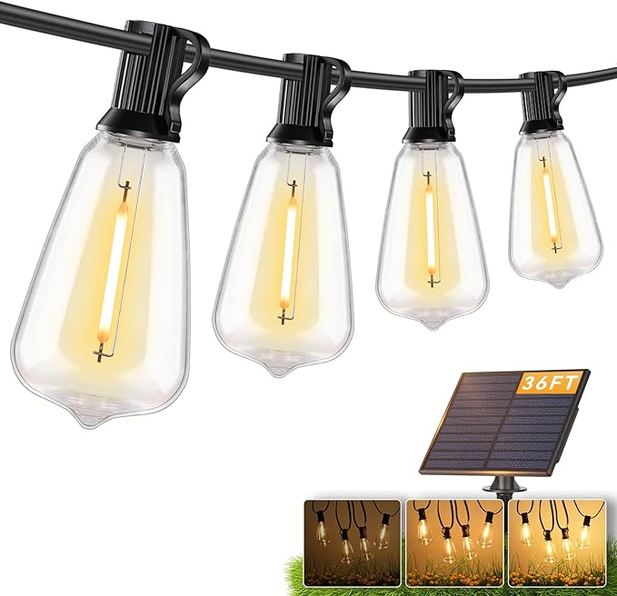 Brightever 36FT Solar String Lights Outdoor Waterproof with Remote, 12+1 Shatterproof ST38 LED Bulbs, Warm White & 3 Lighting Modes, Dimmable Outdoor Solar Lights for Patio, Camping, Party