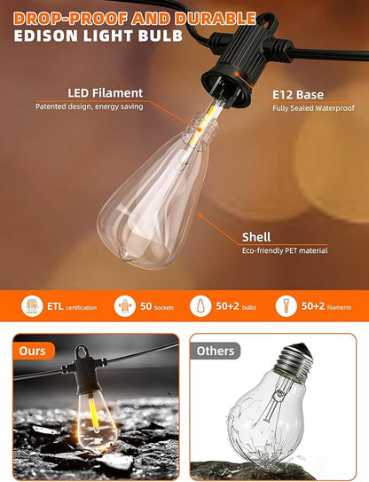 Kawaya Solar Powered String Lights for Outside: 100 FT LED Outdoor Patio Lights with USB-Charging - IP65 Waterproof Hanging Light - 50+2 Shatterproof Edison Bulbs for Bistro Cafe Camp Yard Balcony