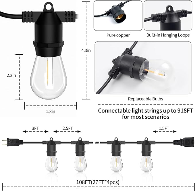 108FT LED Outdoor String Lights, IP65 Waterproof, S14 Shatterproof 27FT*4 Pack Outdoor String Lights (Maximum | Lumora