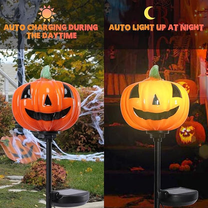 Bshine Solar Garden Lights Pumpkin Halloween Decorations, Outdoor Hand Blown Glass Pumpkin Metal Stakes Waterproof Garden Decor Patio Path Decorative Lights for Halloween Party, Fall Festivals, 2 Pack
