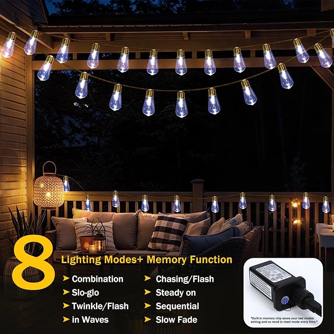 (New) Outdoor String Lights, 24FT 20 LED Bulbs Shatterproof Patio String Lights, IP65 Waterproof 8 Light Modes | Lumora