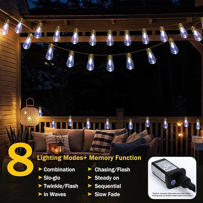 (New) Outdoor String Lights, 24FT 20 LED Bulbs Shatterproof Patio String Lights, IP65 Waterproof 8 Light Modes Plug-in Hanging Outdoor Globes Lights for Yard Fence Balcony Camping Deck - White