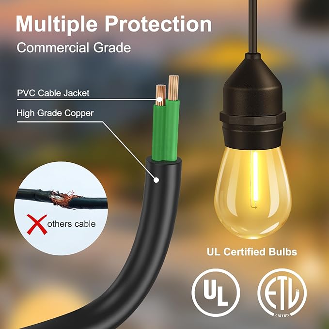100FT LED Outdoor String Lights with 30+2 Shatterproof Bulbs, IP65 Waterproof, Commercial Grade Patio String Lights | Lumora