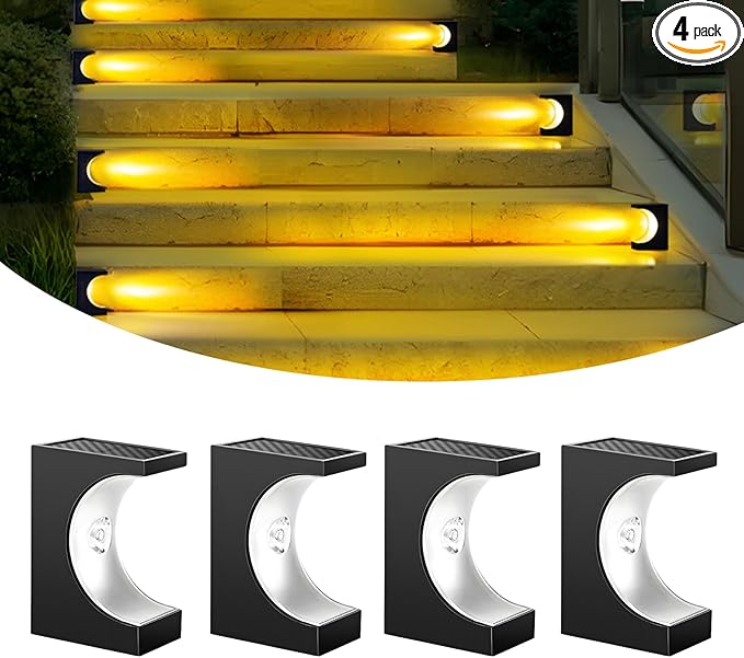 Solar Step Lights 4 Pack, Stair Lights Outdoor Waterproof, LED Step for Outside, Outdoor Solar Powered Step Lighting for Patio Decor, Deck, Porch, Front Door, Walkway (Warm White)