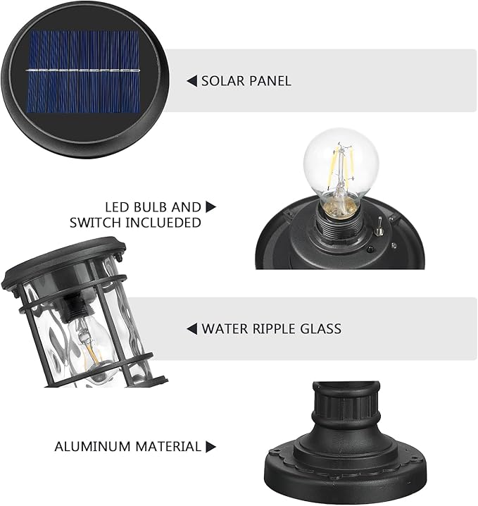 Emliviar Outdoor 28“ Solar Powered Floor Lamp for Patios, Portable Cordless Solar Pathway Light Outside with Water Ripple Glass, Black LED Post Lantern 2700K for Yard, Balcony, XE229PL-S SL BK