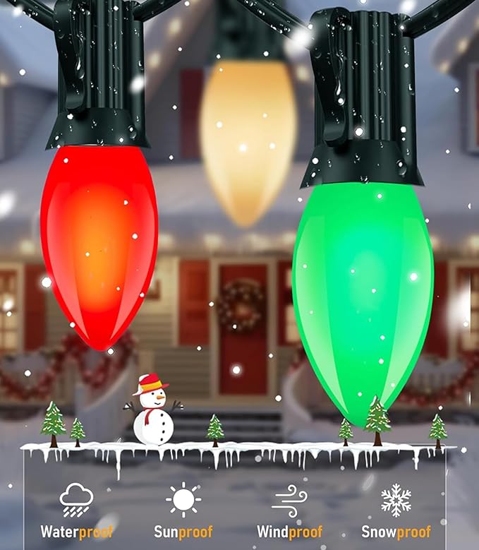 Sxminer C9/E17 LED Christmas Vintage Lights 25Ft Outdoor String Lights with 27 Multicolor LED Bulbs for Holidays Christmas Prom Party Wedding- Green Wire