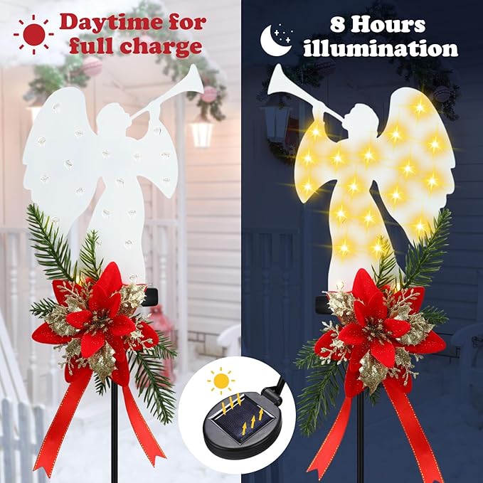 Baquler 2 Pack Solar Christmas Angel Stake Lights 32 Inches Solar Powered Xmas Angel Metal Stake Lights with Poinsettia for Outdoor Christmas Yard Pathway Garden Lawn Decorations