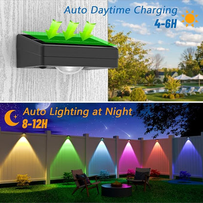 NIORSUN Solar Fence Lights Outdoor Waterproof,Warm & Cool White RGB，8 Pack LED Spot Lens Deck Lights 9 Mode，Solar Powered Wall Lighting Decor for Outside Patio Step Backyard Railing Pool Black