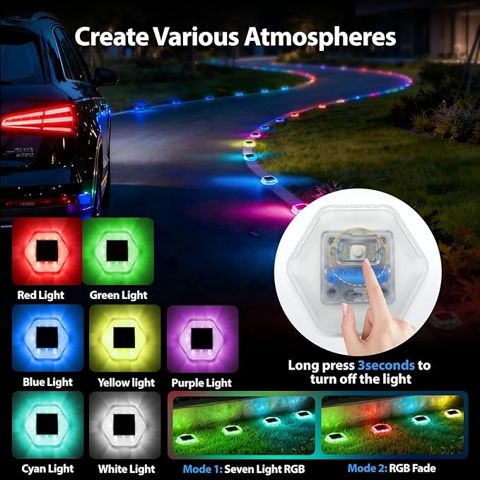 Onforu 12 Pack Solar Driveway Lights,Deck Light Outdoor,2 Modes RGB Colors LED Deck Dock Light Solar Powered,IP65 Step Lights for Driveway Sidewalk Garden Pathway Yard