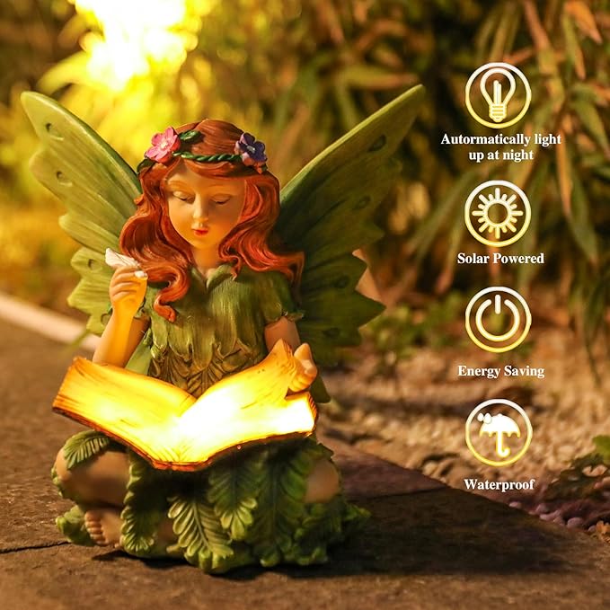 Afirst Solar Garden Fairy Statue, Green Fairy Solar Light Outdoor Resin Statues Figurine Light, Angel Reading Book | Lumora