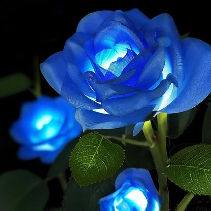 Solar Garden Flower Lights Outdoor with More Realistic 10 Rose Waterproof for Outside Patio Yard Pathway Decorations, 2 Pack Blue