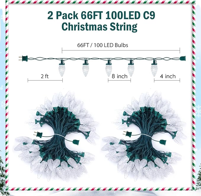 Brightown 2 Pack Total 132ft 200LED Outdoor C9 LED Christmas String Lights, Plug-in Connectable Waterproof Roofline String Lights for Outside Christmas Holiday Decor