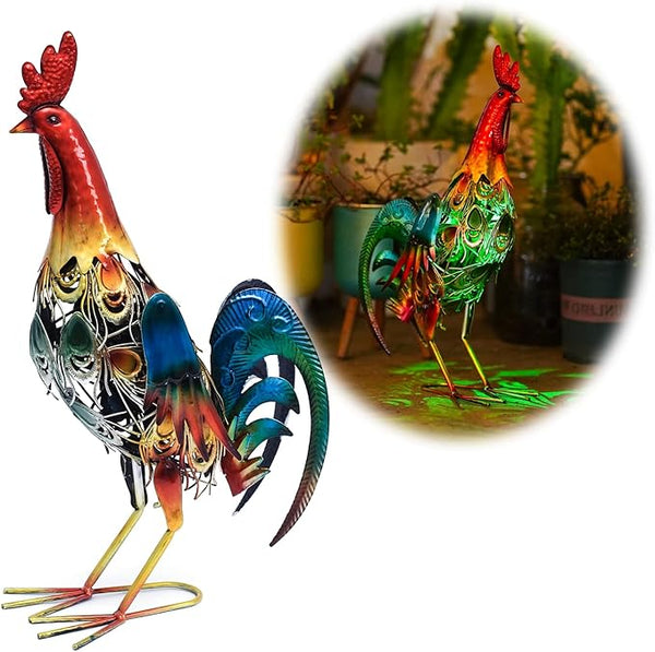 19 Inch Solar Rooster Statue, Metal Yard Art with Colorful Lights for Garden Lawn Outdoor Decoration Gifts | Lumora