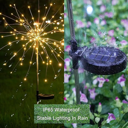 Solar Garden Firework Lights Outdoor Waterproof, 2 Pack 200 LED 8 Lighting Modes Sparklers Solar Twinkling Starburst Lights for Yard Flowerbed Pathway Fence Decorations, Warm White