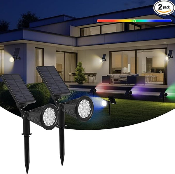 Solar Spot Lights Outdoor, 2-in-1 Wall Mount & Ground Stake 18 LEDs with 2 Lighting Modes, 7 Colors Changing, IP65 | Lumora