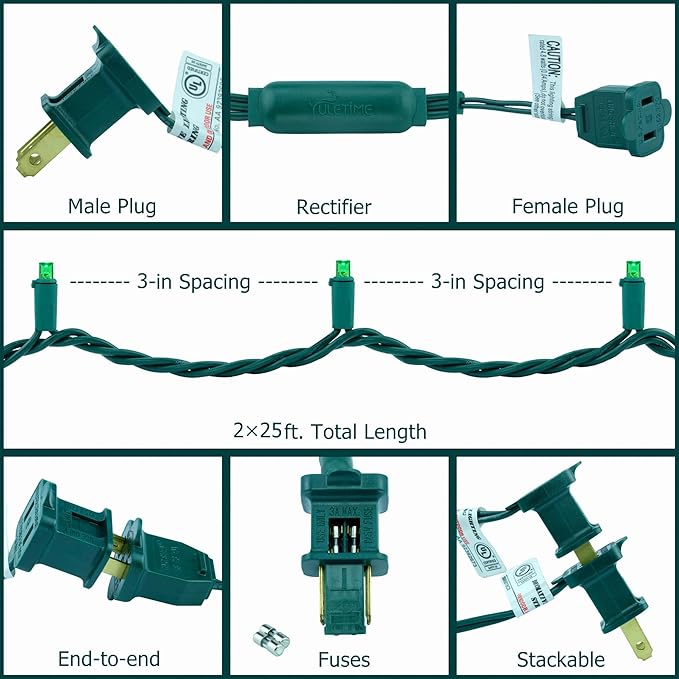 YULETIME Green Wide Angle LED Christmas Lights 200 Count 50 ft, Pack of 2 Strands 25 ft 100 Lights UL Certified Commercial Grade String Light Set (Green)